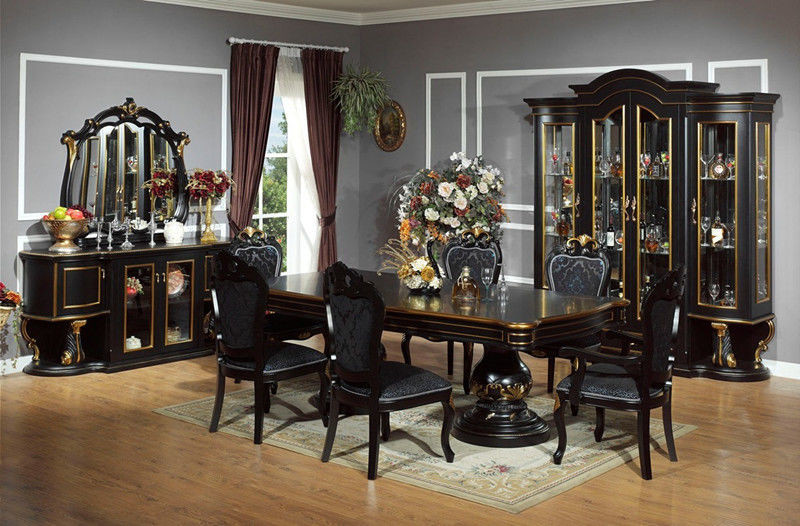 6 Seat Black Round Luxury Wood Dining Room Sets Solid Wood Dining Table And Chair