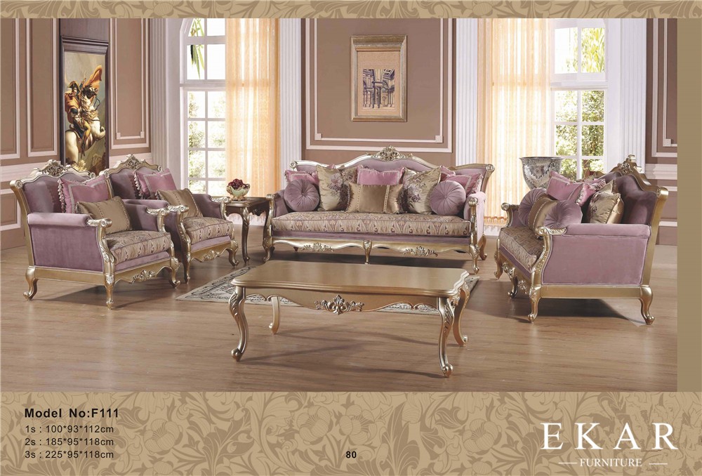 Carved Luxury Living Room Purple Fabric European Royal Style Sofa