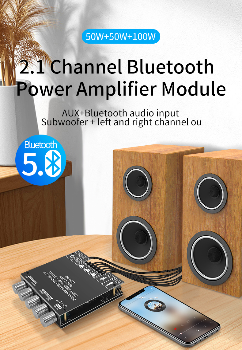 ZK-TB21 5.0 Subwoofer 50W*2+100W 2.1 Channel Power Audio Stereo Bass AMP TPA3116D2 Amplifiers Board ZK-TB21