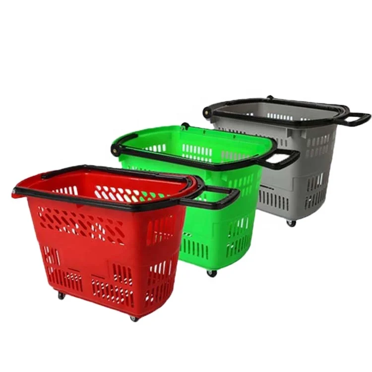 Retail Grocery Plastic Shopping Basket With Wheels Red 35L 45L 50L 60L