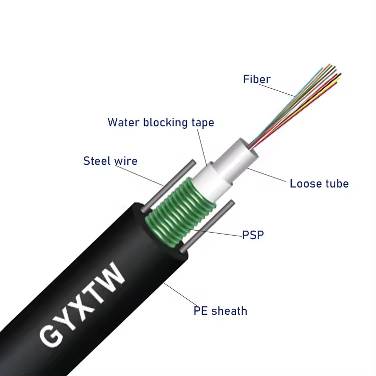 Aerial Fiber Optic Cable GYXTW 4-24 Core Single Mode G652D 8.0mm Cable OD For Overhead Laying With 1MM Steel Wire Strength
