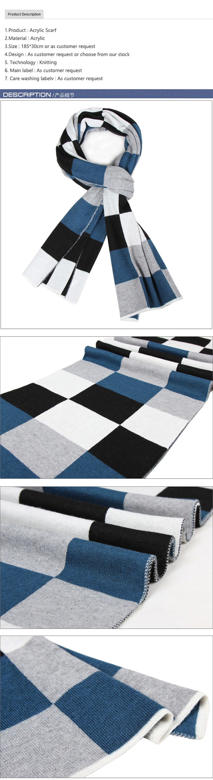 Fashion scarves high quality acrylic men check scarf for winter