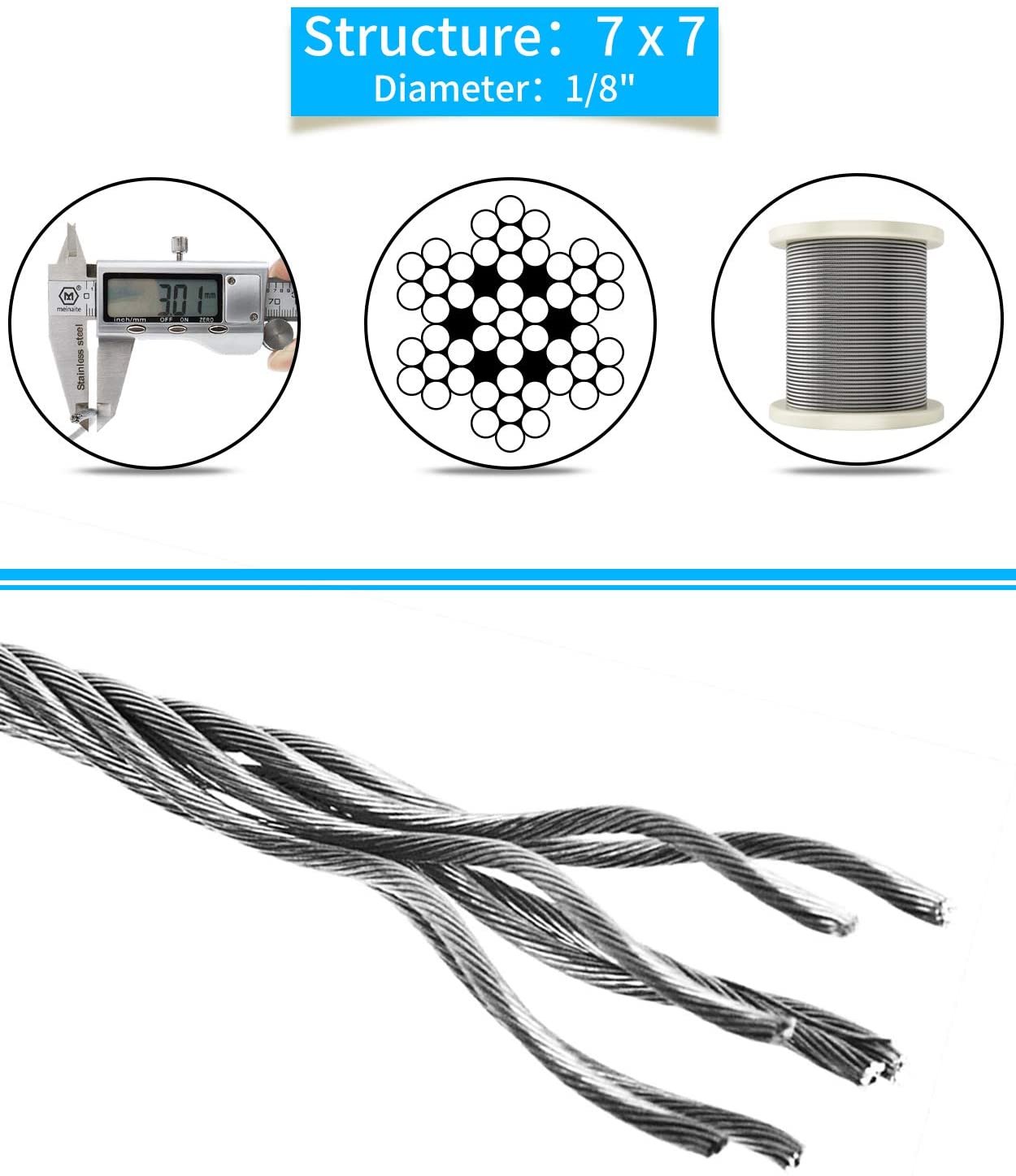 1/8 T304 Stainless Steel Aircraft Cable Railing Wire Rope for Cable Railing Kits 500m 1000m per Reel Cranes OEM Accepted