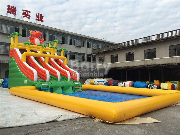 Custom Dinosaur Slide Inflatable Water Park With Pool For Summer