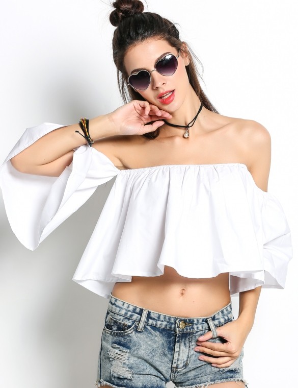 ladies tops latest design Women Off Shoulder Flare Sleeve Ruffles Solid Crop Tops