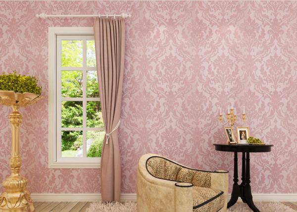 Flocking Pink Floral Pattern European Style Wallpaper for Bedroom , Living Room
