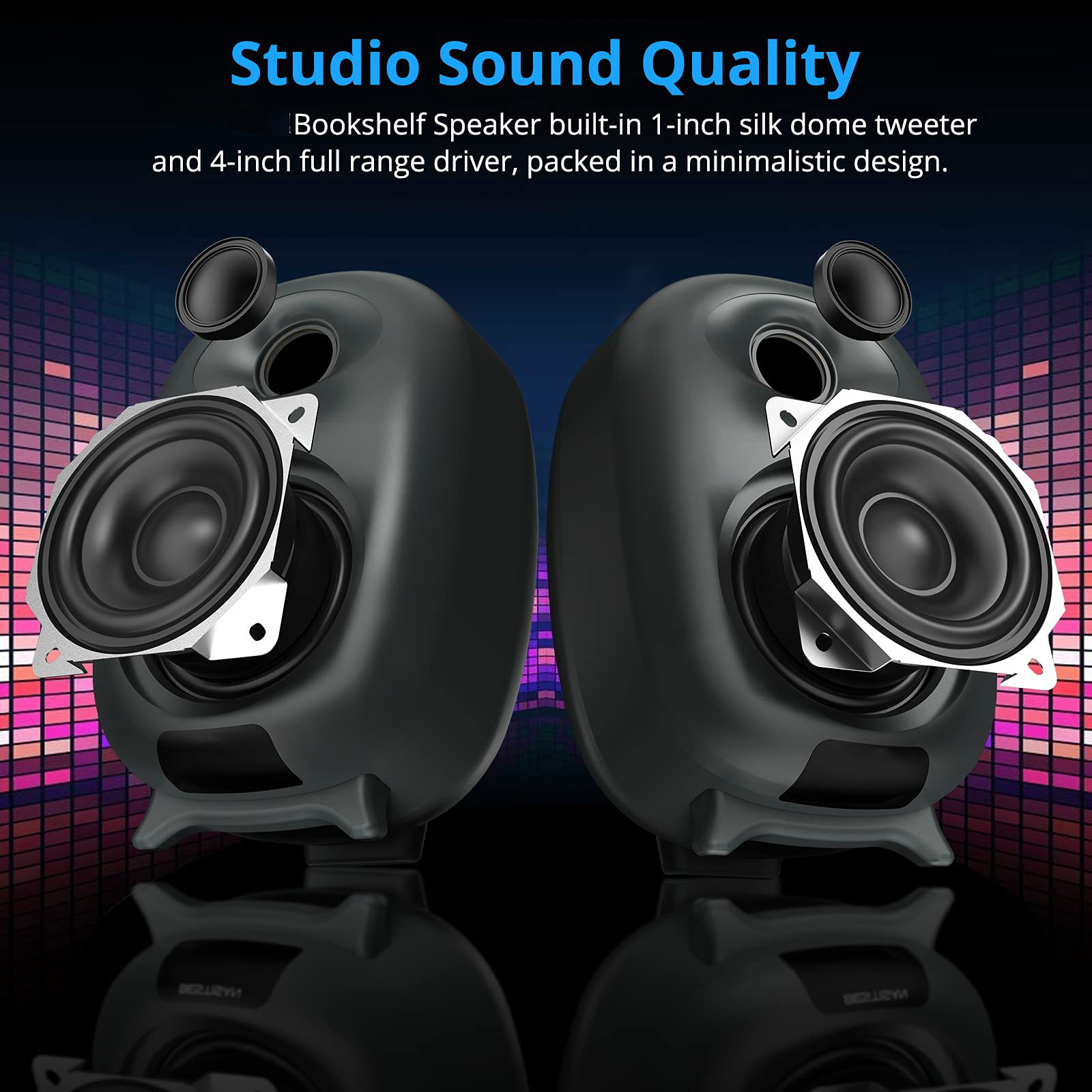 Three Equalizer Mode Powered Wireless Bookshelf Speakers Metal Grey Color For TV