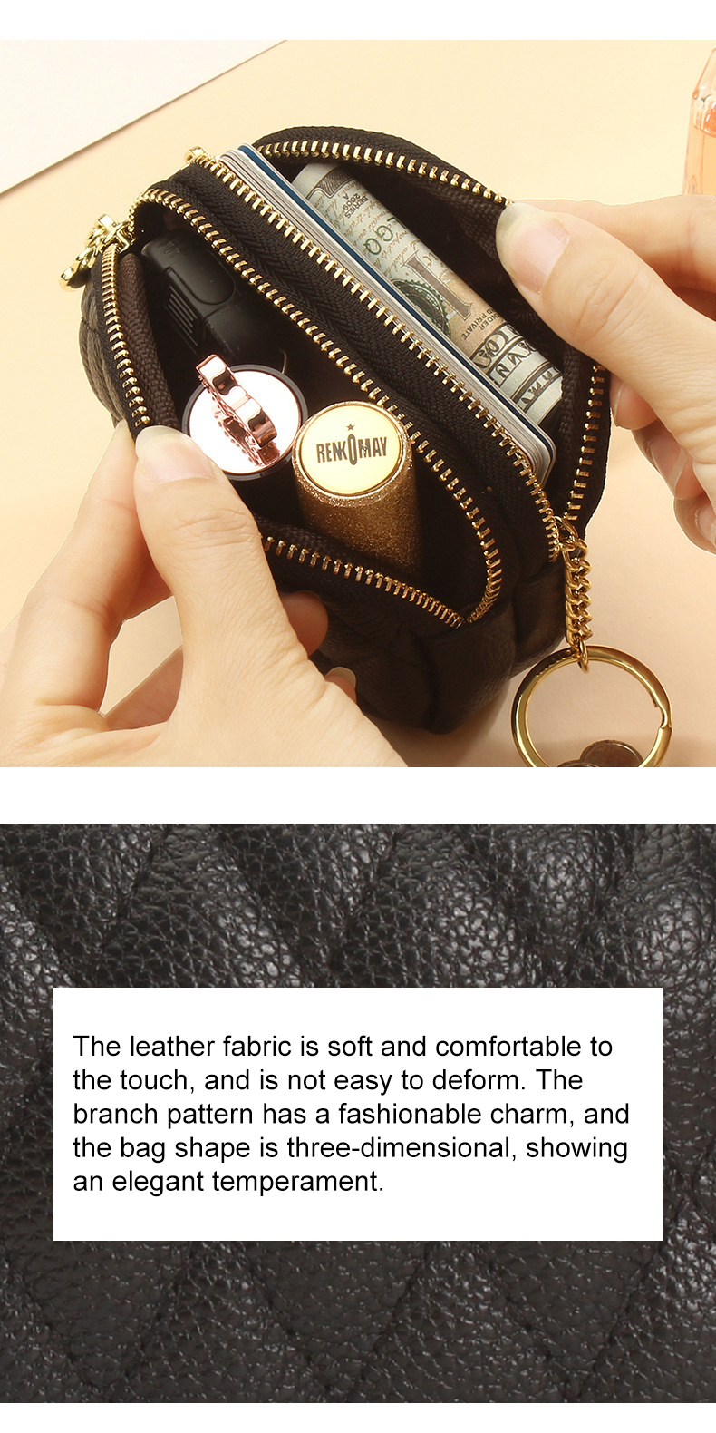 Double Zipper Large Capacity Keychain Pouch for Women Made of Genuine Cowhide Leather