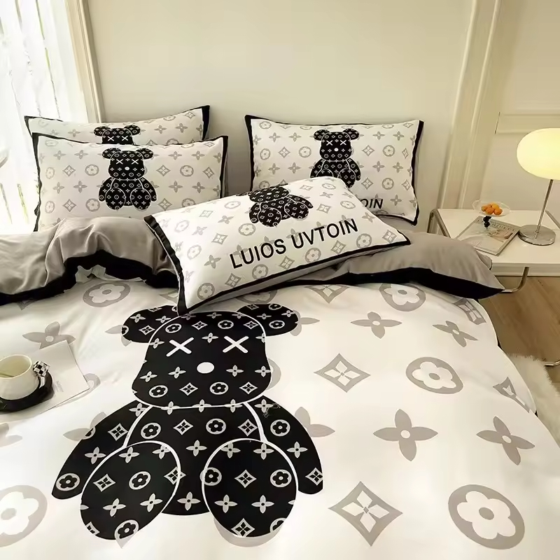 180GSM Cartoon White Bear Head Bear Design Bedding Sets Collection Fitted Sheet Bed Cover Sheet Pillowcase