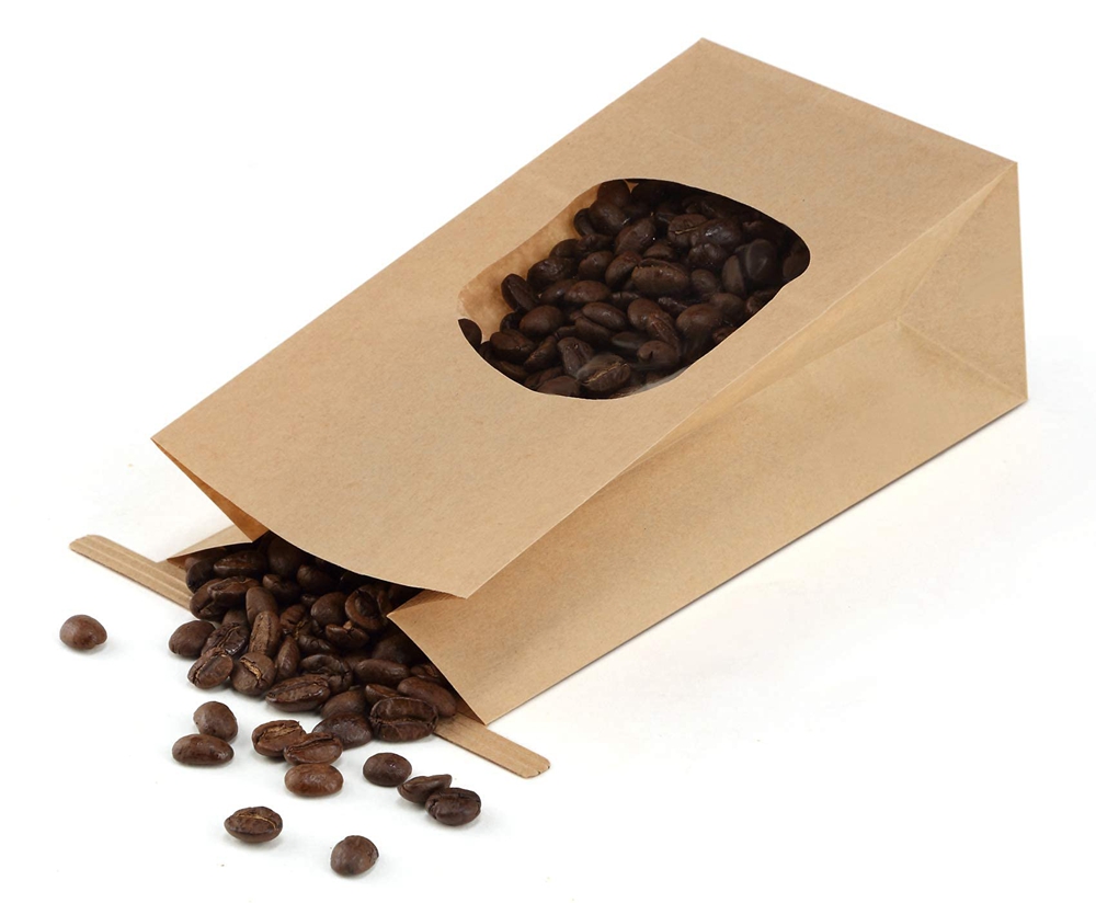 Stand Up Kraft Paper Bag With Clear Window For Coffee Bean Luxury Packaging Style