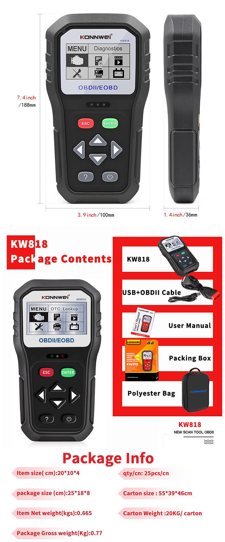 Handheld free upgrade 2.8 inches black and white screen car battery tester KW818 support read and erase fault codes