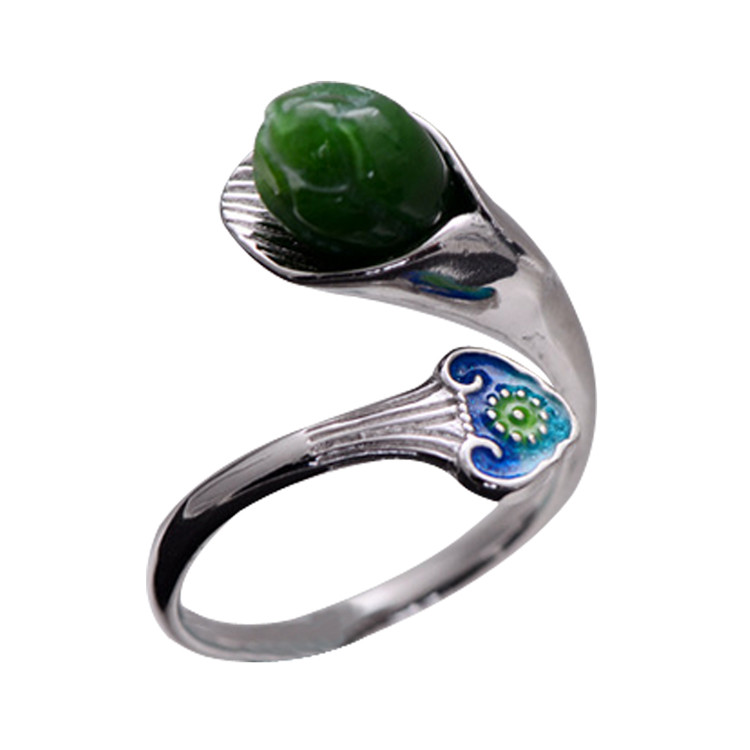 925 Sterling Silver Enamel Natural Jade Ring Open Adjustable Size (059850)