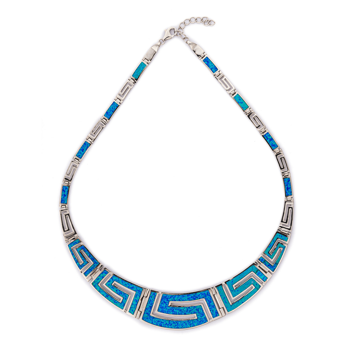 925 With Sterling Silver Greek Unique Pattern Designs Bule Opal Meander Round Necklace