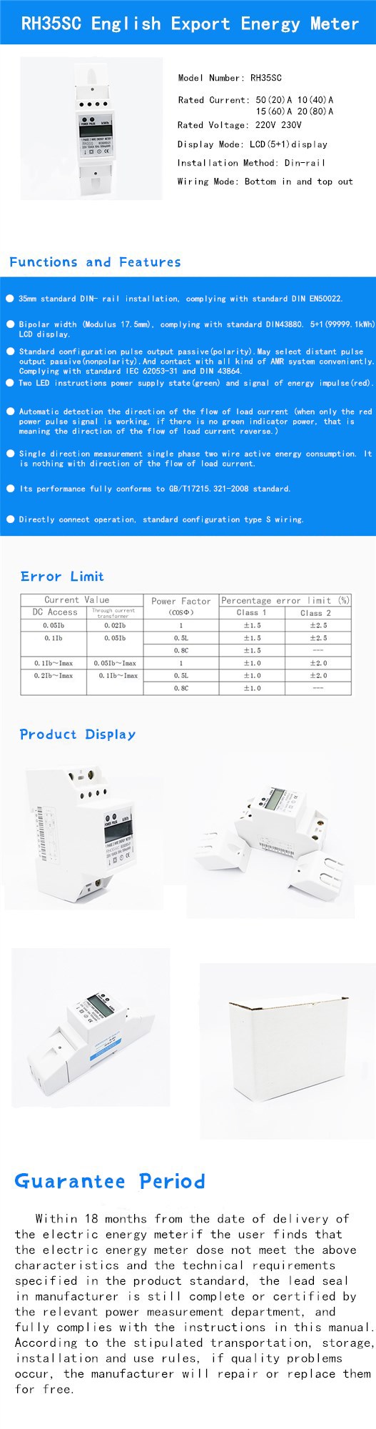 Din Rail 220V 230V 80A 1 Phase 2 Wire Kwh Active Energy Meter