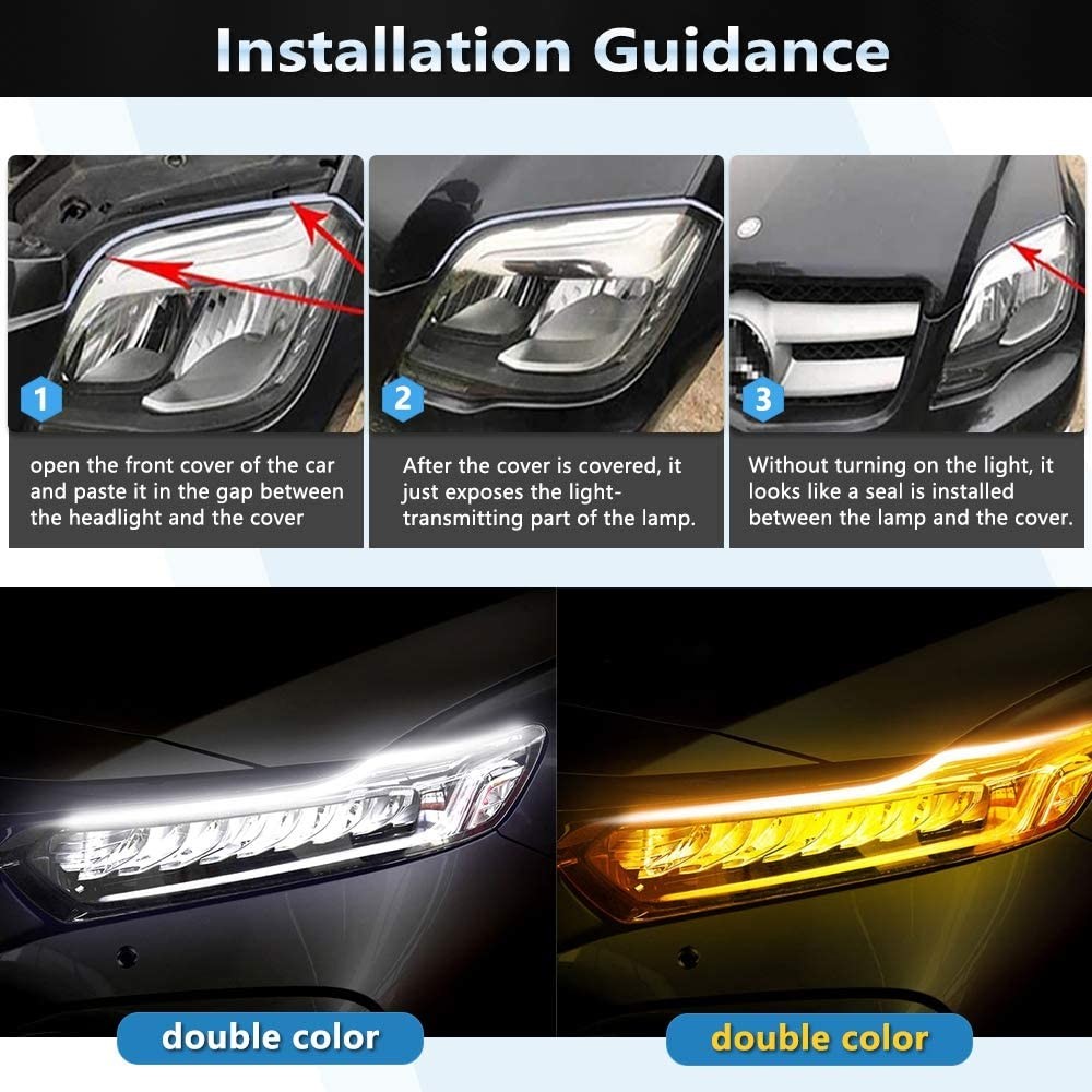 Flowing Bar Silicone Drl Daytime Running Lights 45CM 17.7" White Amber Flexible LED Tube Strip