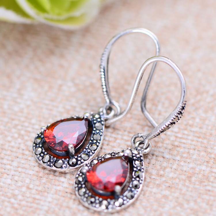 Sterling Silver Synthetic Garnet Marcasite Retro Drop Earrings(XH0305)