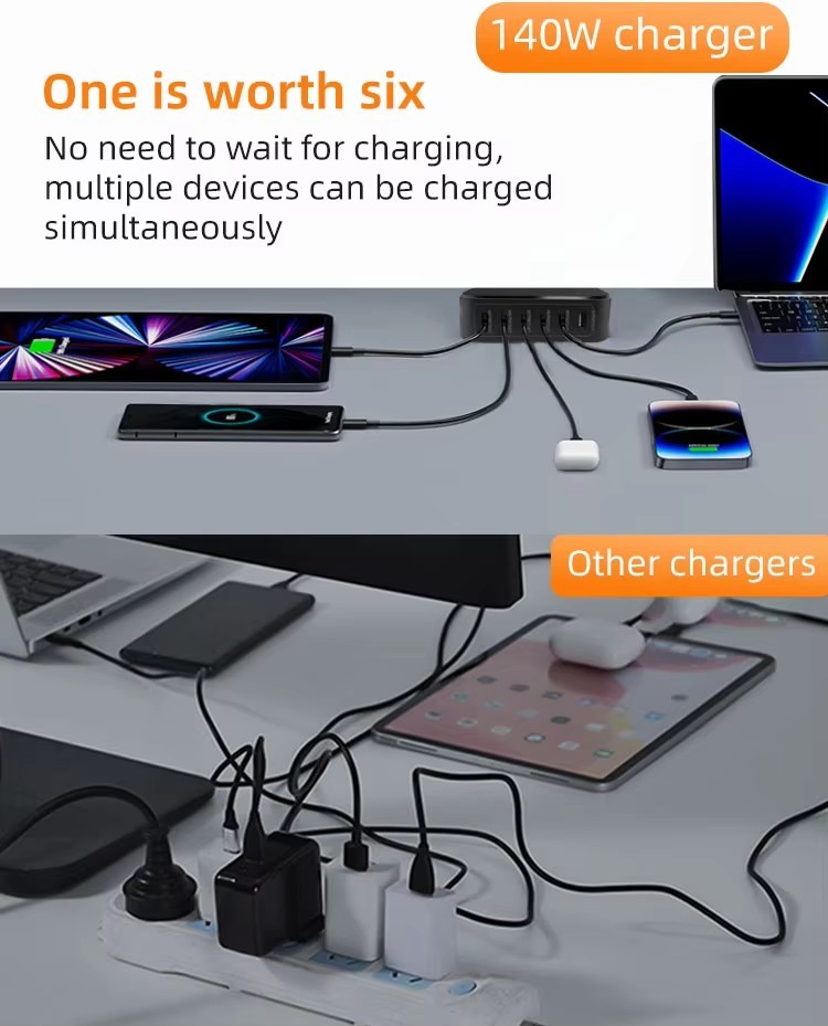 140W GaN Fast Charger 1USB 5 Type C Power Adapter PD Travel Charger Type C A