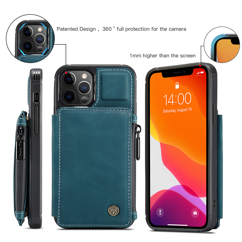 PU Leather Wallet Cover for iPhone 14 15 Pro Max Zipper and Card Slot Closure