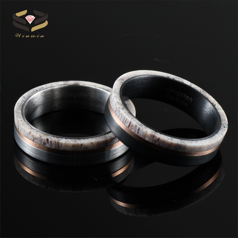 Jewelry 6mm Tungsten Band for Men Women Inlay Deer Antler Wedding Ring Other Diamond Shape and Pearl Type