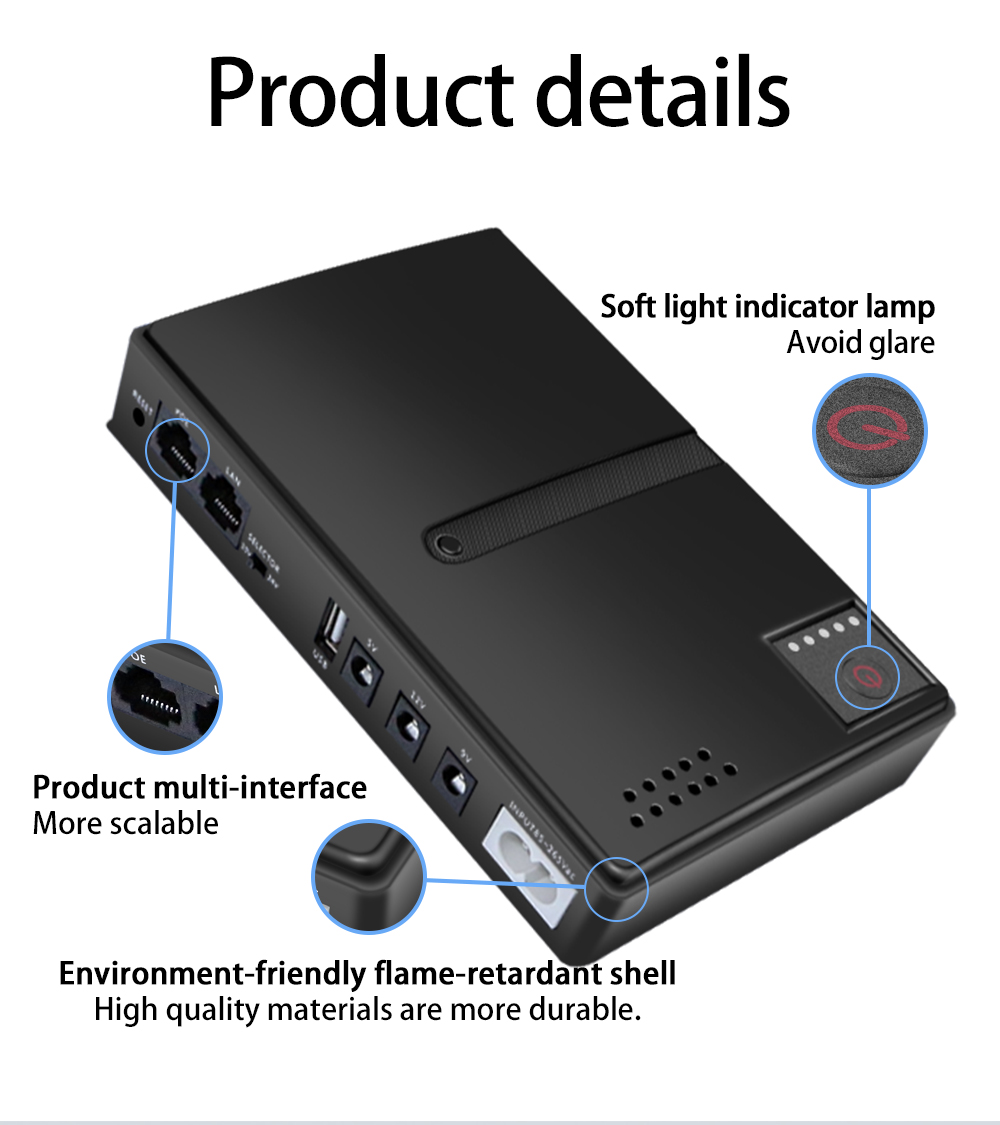 Mini 10400mAh 36W Uninterruptible Power Supply (UPS) for Router Modem CCTV Security Camera AC DC Configurable Power Source