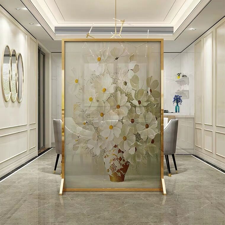 Mobile Room Divider Stainless Steel Brushed Semi Transparent Partition