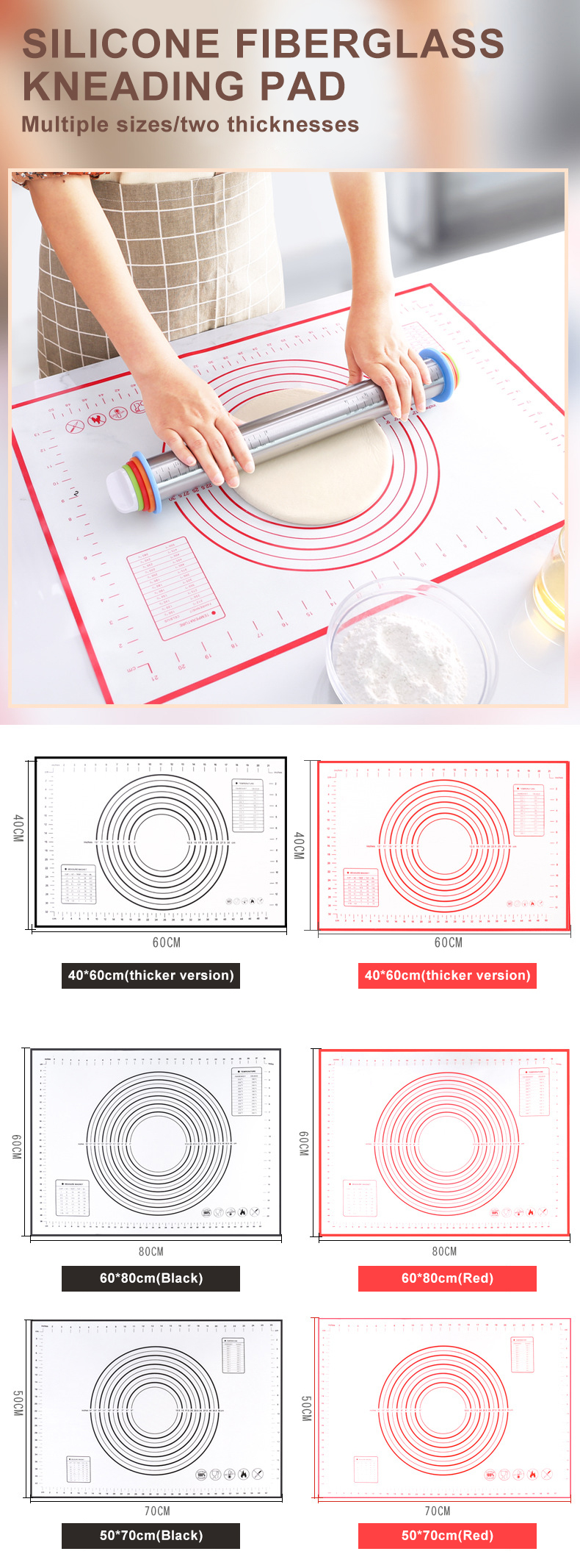 No Deformation Non Slip Silicone Baking Mat 60x40cm With Measurement