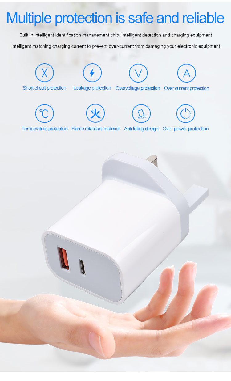 UK Quick Charge 3.0 USB A USB C 20W PD Wall Charger