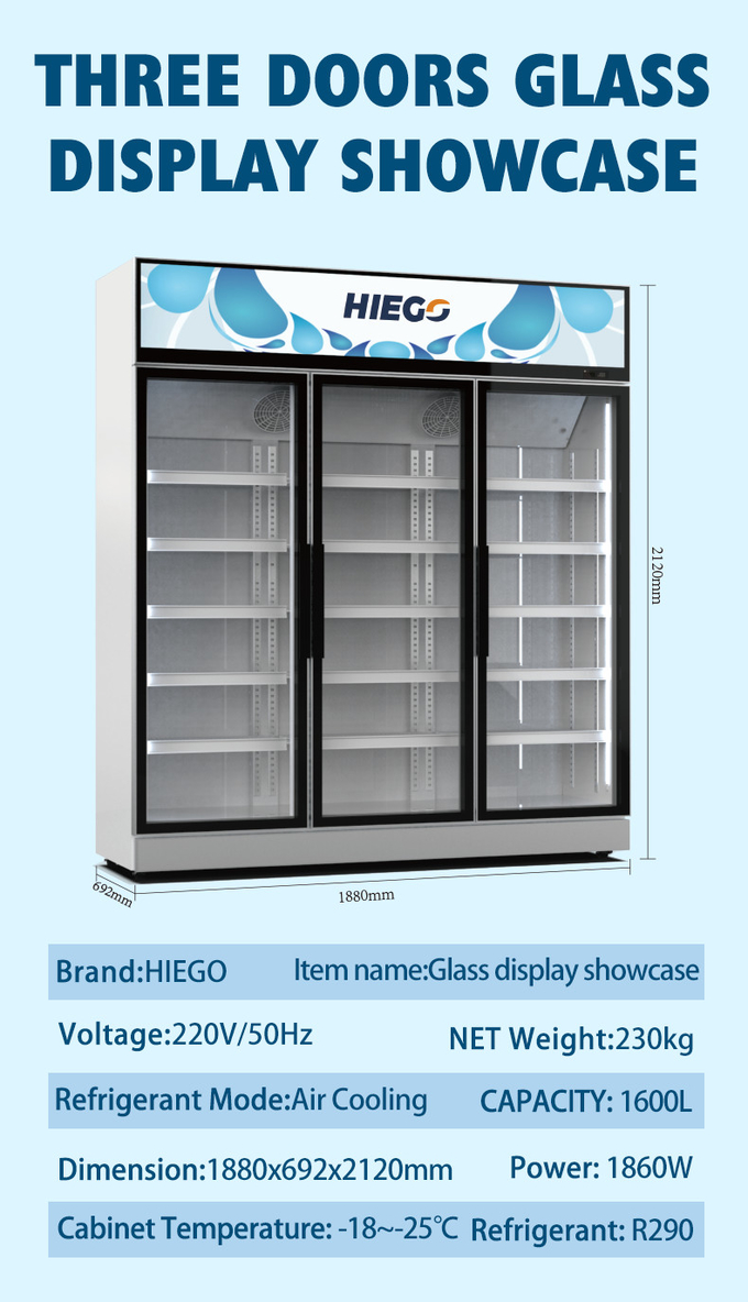 R290 Beverage Drink Cooler Supermarket Bar 3 Glass Door Beer Display Chiller