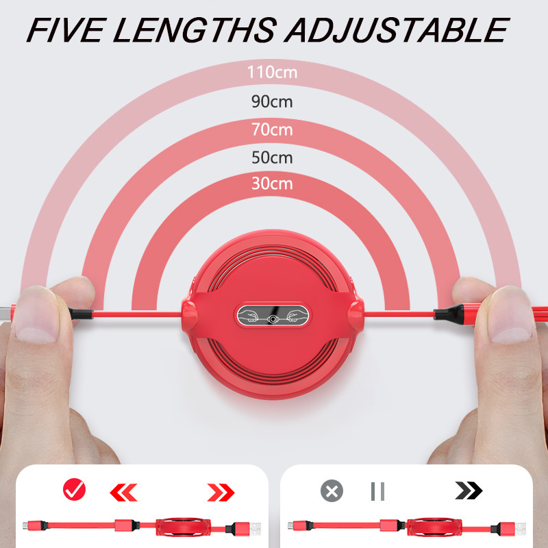 Retractable 3 In 1 USB 2.0 Charging Cable Extendable Data Transfer