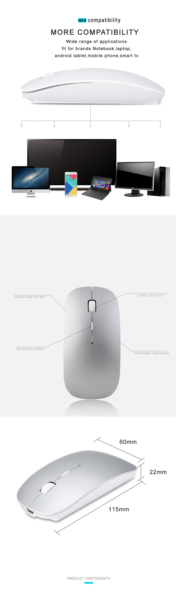 Bluetooth Wireless Mouse 2.4Ghz Bluetooth Wireless USB Rechargeable Wifi Mouse for PC Notebook Smart TV