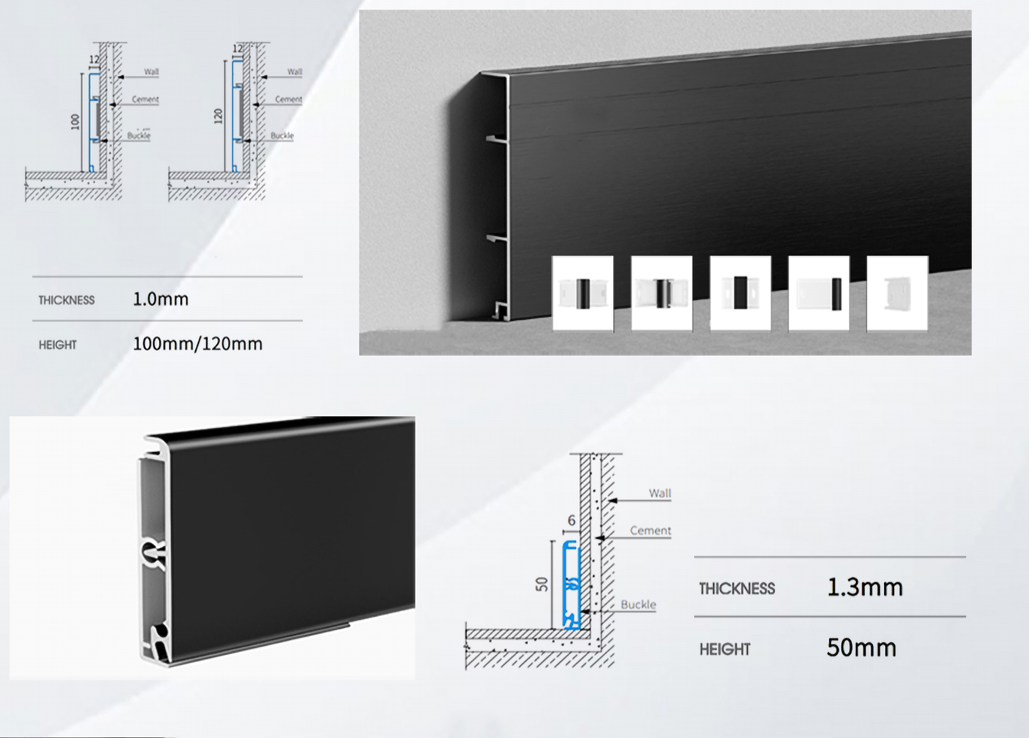 T5 6063 Aluminum Floor Baseboard Skirting Profile Tile Trims 1.2mm Thickness 2