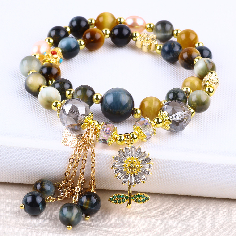 Unique 8MM With Dream Tiger Eye SunFlower Spinner Charm Blessing Crystal Double Layer Bracelet
