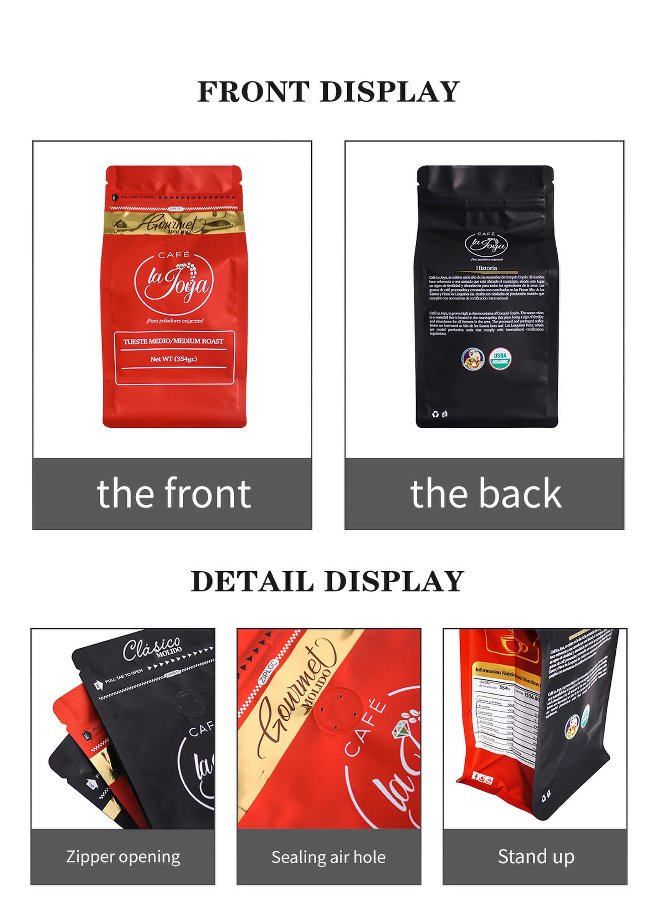 Printed Black Empty 500g Compostable Coffee Bags One Way Valve Flat Bottom With Zipper