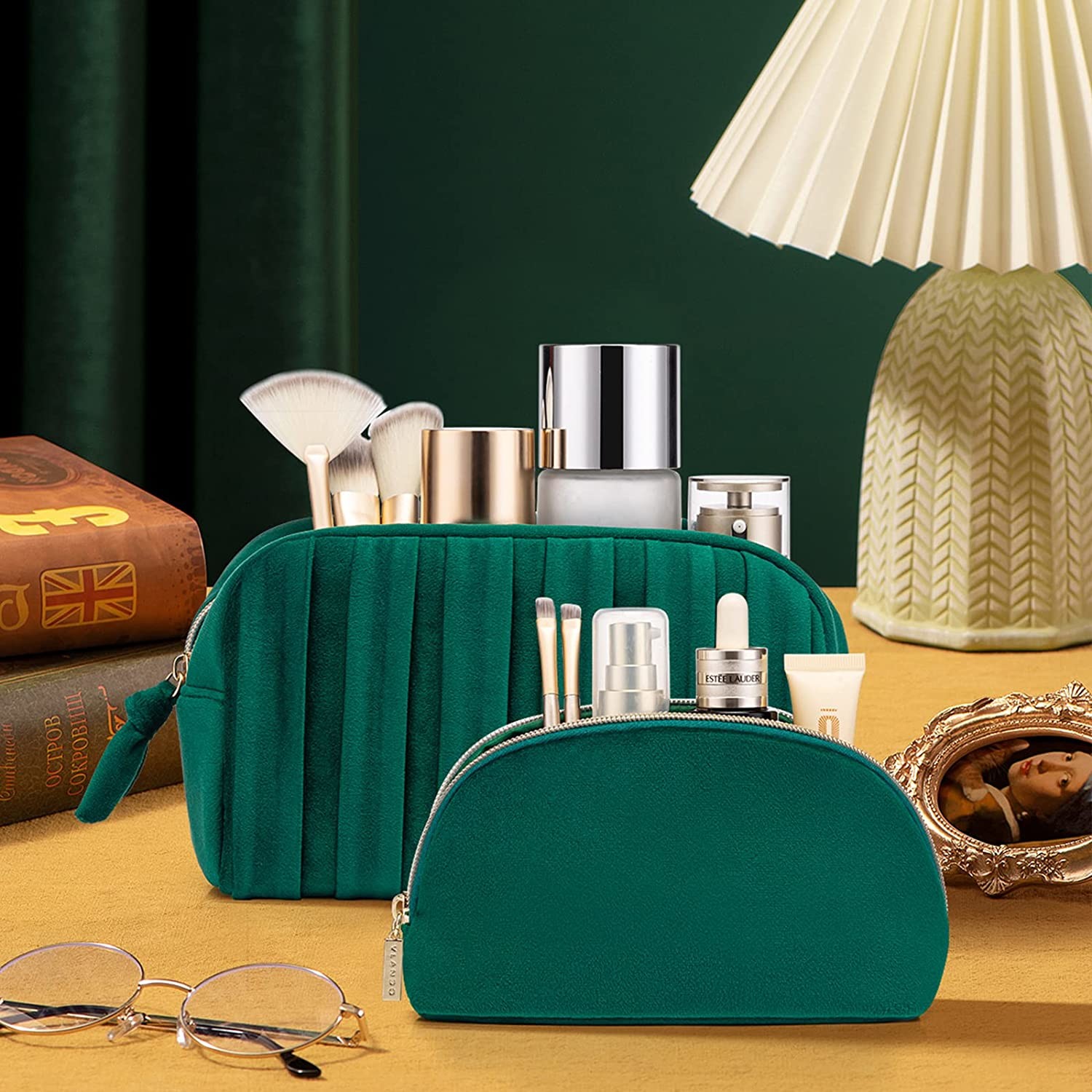 Velvet Custom Pouch Luxury Beauty Makeup Bag Zipper Velvet Travel Professional Cosmetic Bag Green