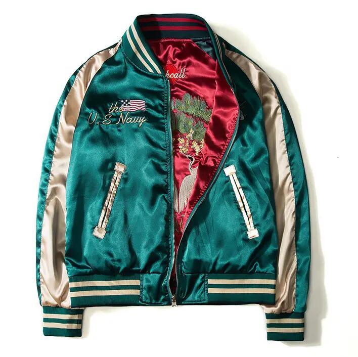College Jacket Embroidered Satin Baseball Jacket Reversible Bomber for Men