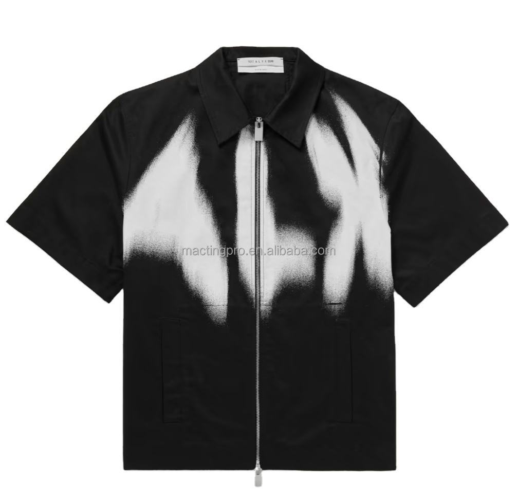 Men's Casual Heavyweight Cotton Black Print Zip Up Shirt S-5XL or Custom Hip Hop Styl