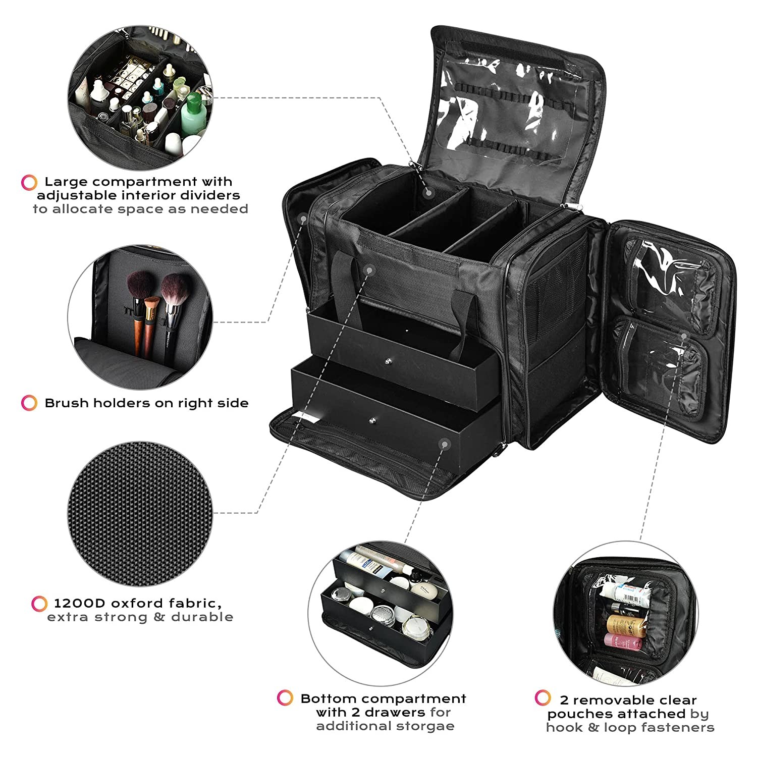 Black Soft 1200D Oxford Artist Cosmetic Organizer Box Travel Fishing Outdoor