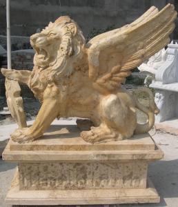 China 96 Inch High Travertine Stone Carving Sculpture Lion With Wings on sale