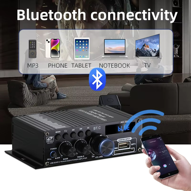 AK-380 USB SD Audio Power Amplifier 400W 2.0 CH HiFi Stereo AMP Speaker Bluetooth 5.0 Amp Receiver with Remote Control for Home