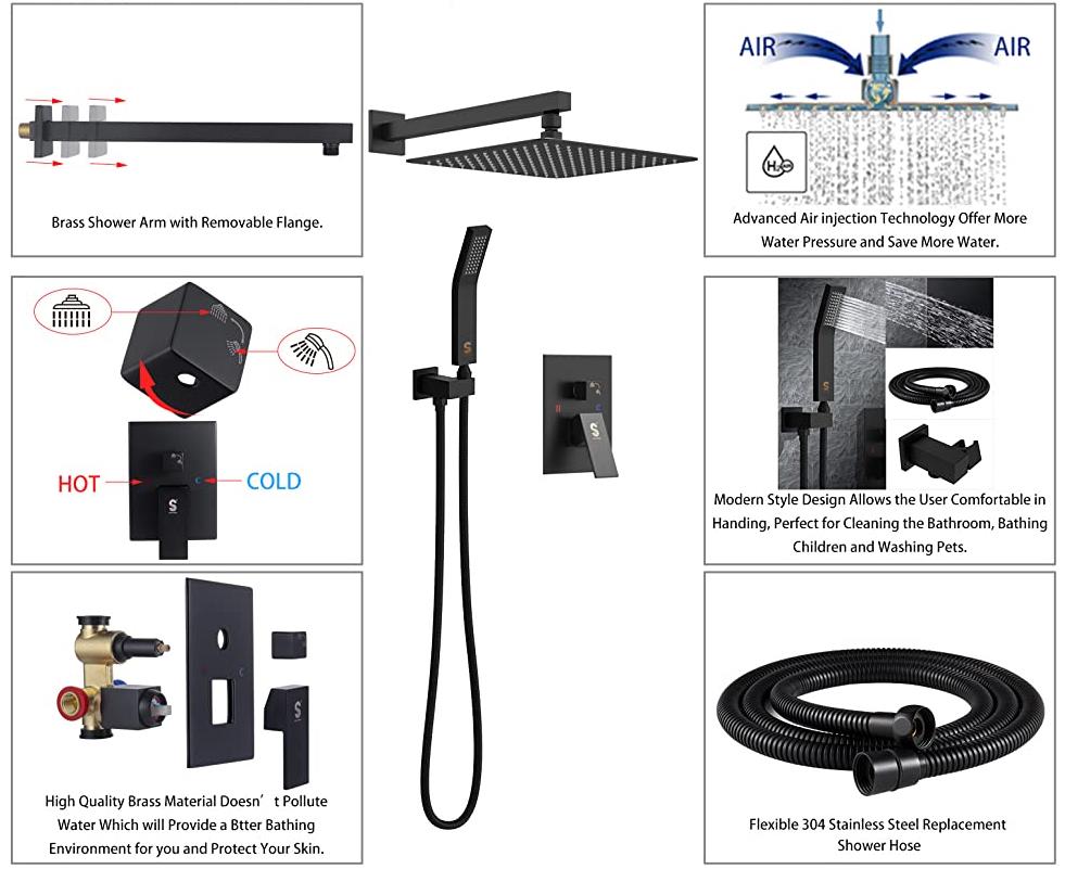 Bathroom set 12 inch rainfall rain wall mounted faucets column waterfall mixer black shower head