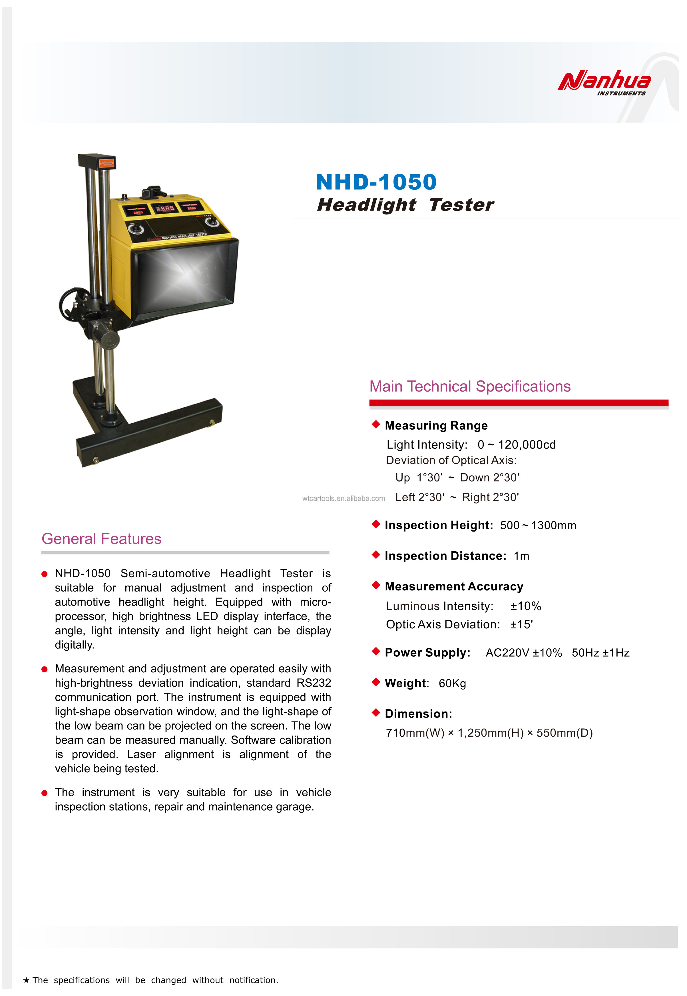 60Kg NHD-1050 Automotive Headlight Tester with Optic Axis Deviation Measurement