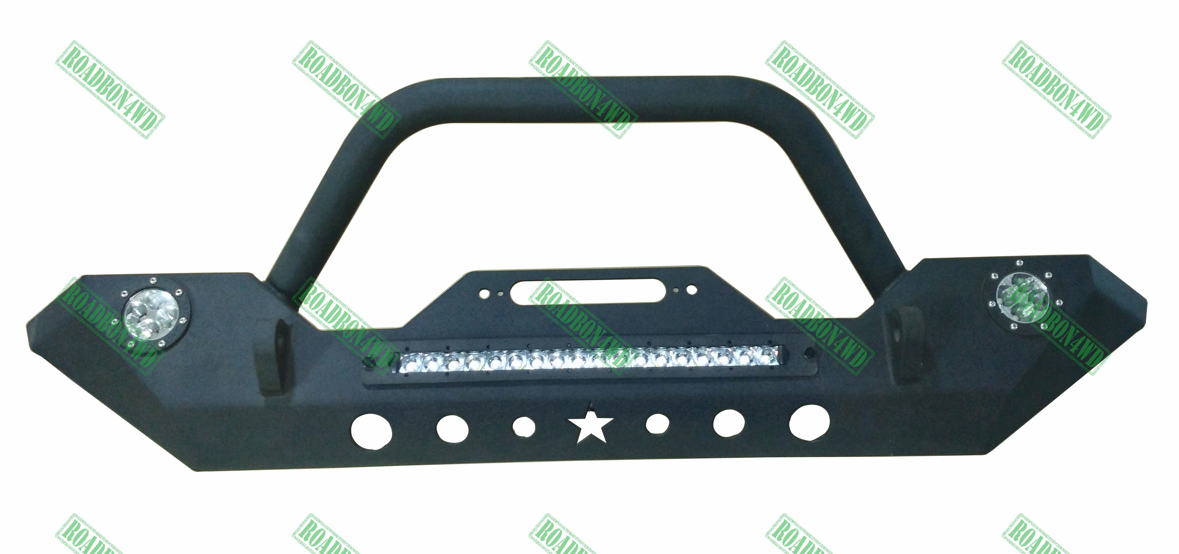 07-16 Wrangler JK Black Textured Rock Crawler Car Front Bumper with LED Lights & D-Ring & Bulit-in Winch Mount