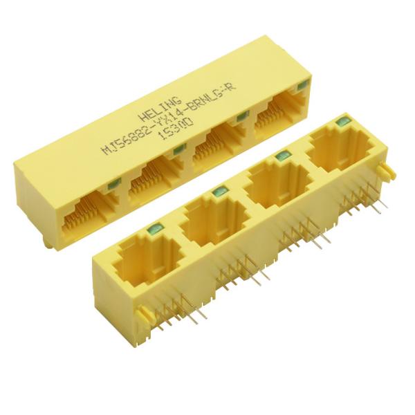 8P8C 1x4 multi port modular Jacks, RA, Tab-up, yellow housing, mini type, with