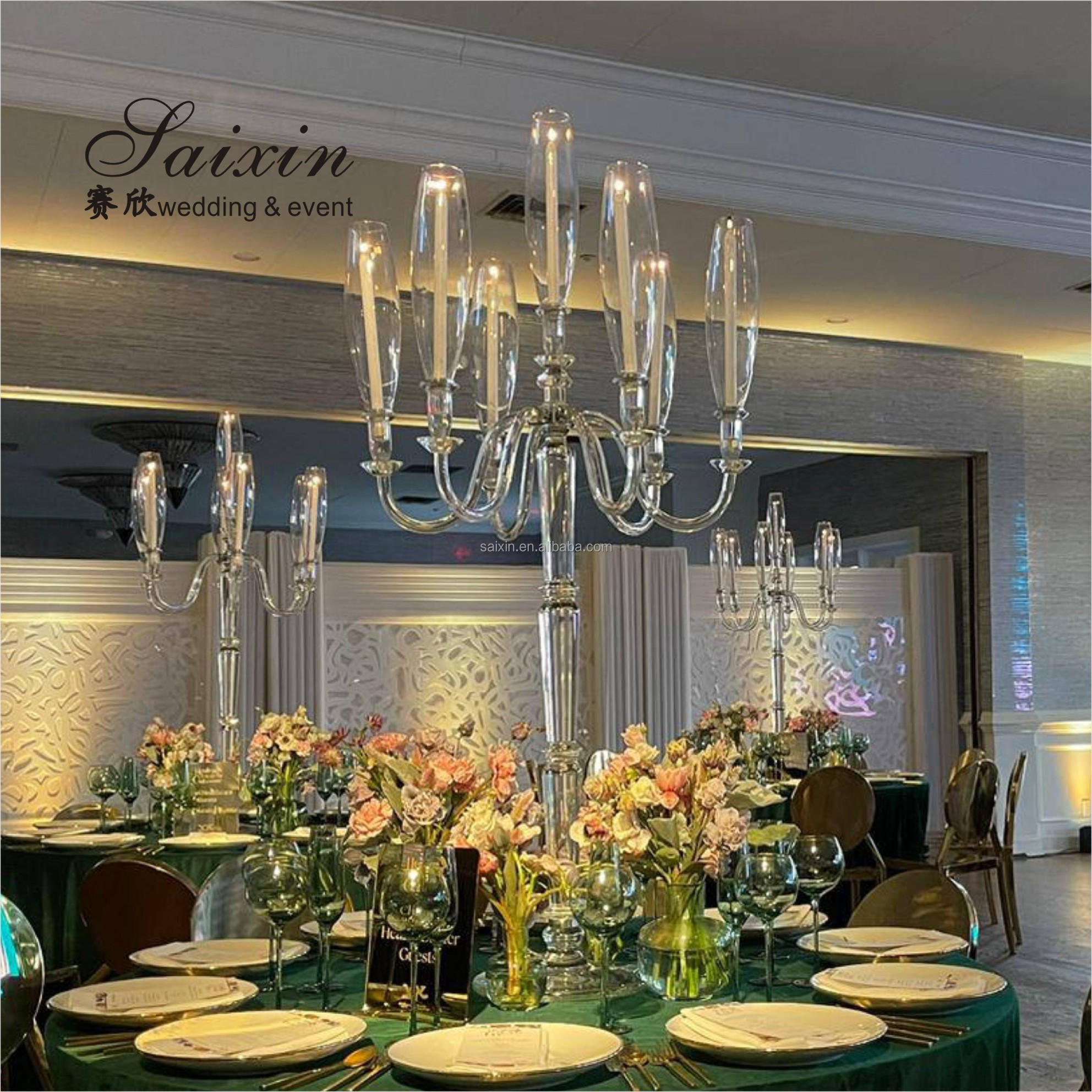 Hot Sale Tall Wedding Decoration 5 Arms Clear Wedding Crystal Centerpiece Candelabra