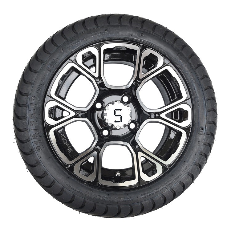 12'' Machined/Glossy Black Golf Cart Rim and 215/35-12 Low Profile DOT Street Tire