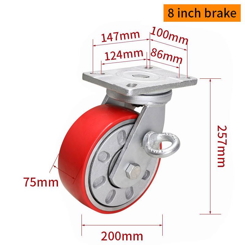 Red Extra heavy Duty Casters With Brakes 8 Inch 200mm Caster Wheels 938-86A
