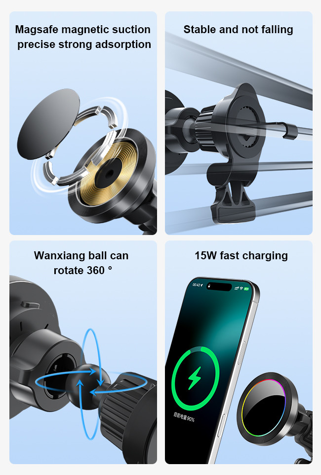 Aluminium Alloy Texture RGB Light Effect Wireless Car Phone Holder Fast Charging One Hand Operation
