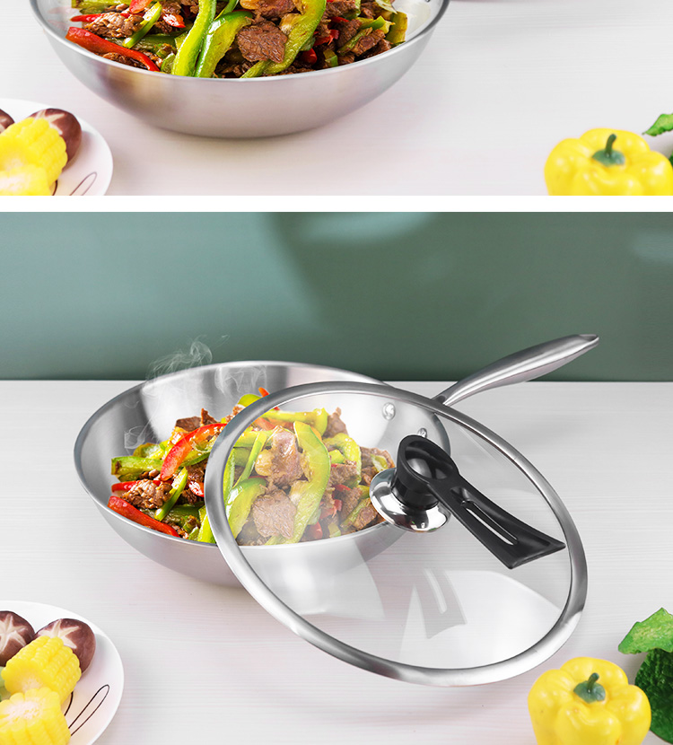 Customized Kitchen 18/8 Stainless Steel Wok Tri-ply Non-stick Frying Pan Honeycomb Wok With Glass Lid