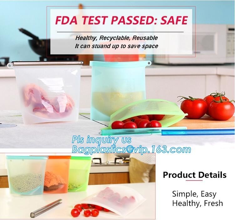 Storage preservation reusable silicone food bag,FDA reusable silicone storage food bag with Zip lockk in microwave bagease