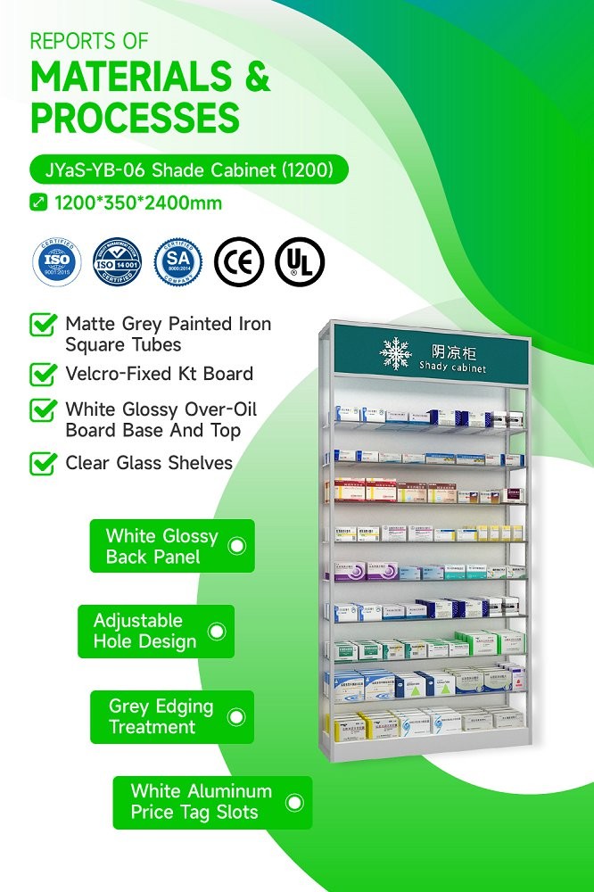 JYaS-YB-06 Eco-friendly Community Pharmacy Shade Cabinet with White Glossy Boards and Clear Glass Shelves